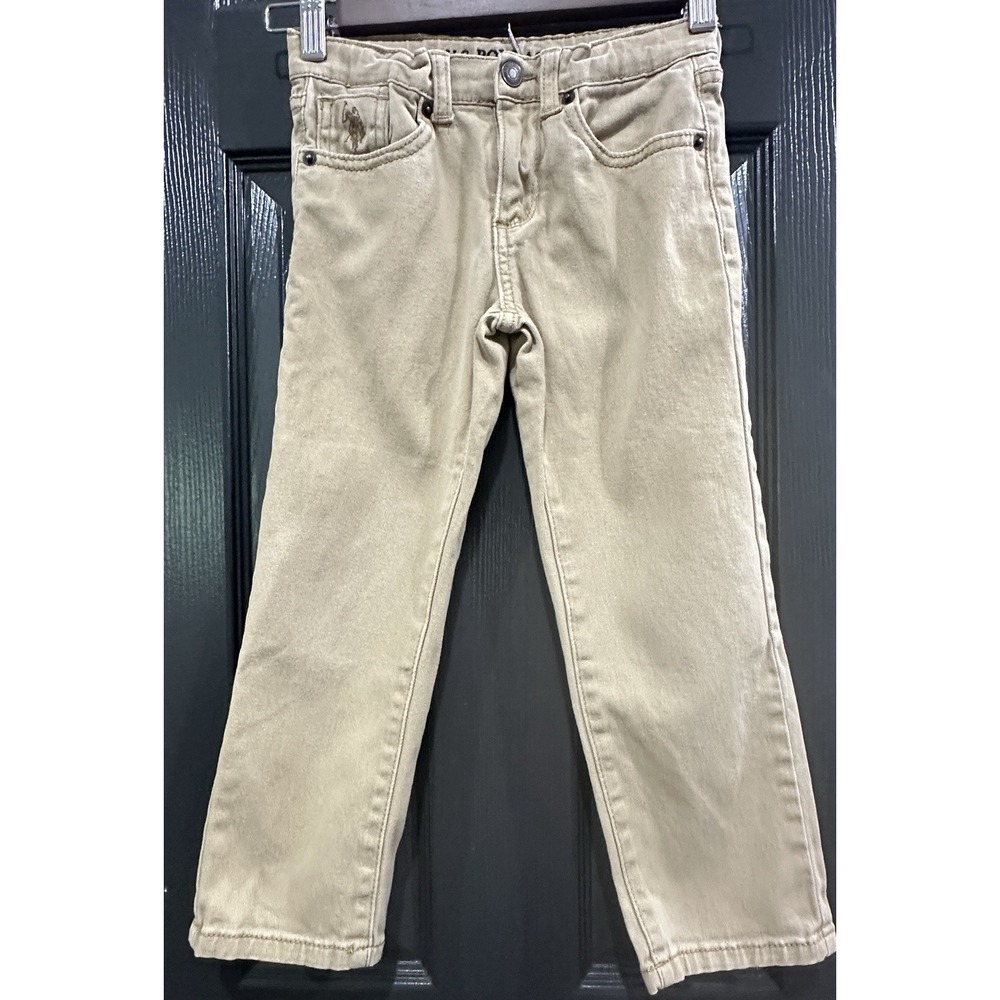 US Polo‎ Assn Boys Tan Khaki Straight Leg Pants Size 5 Adjustable Waist Stretch